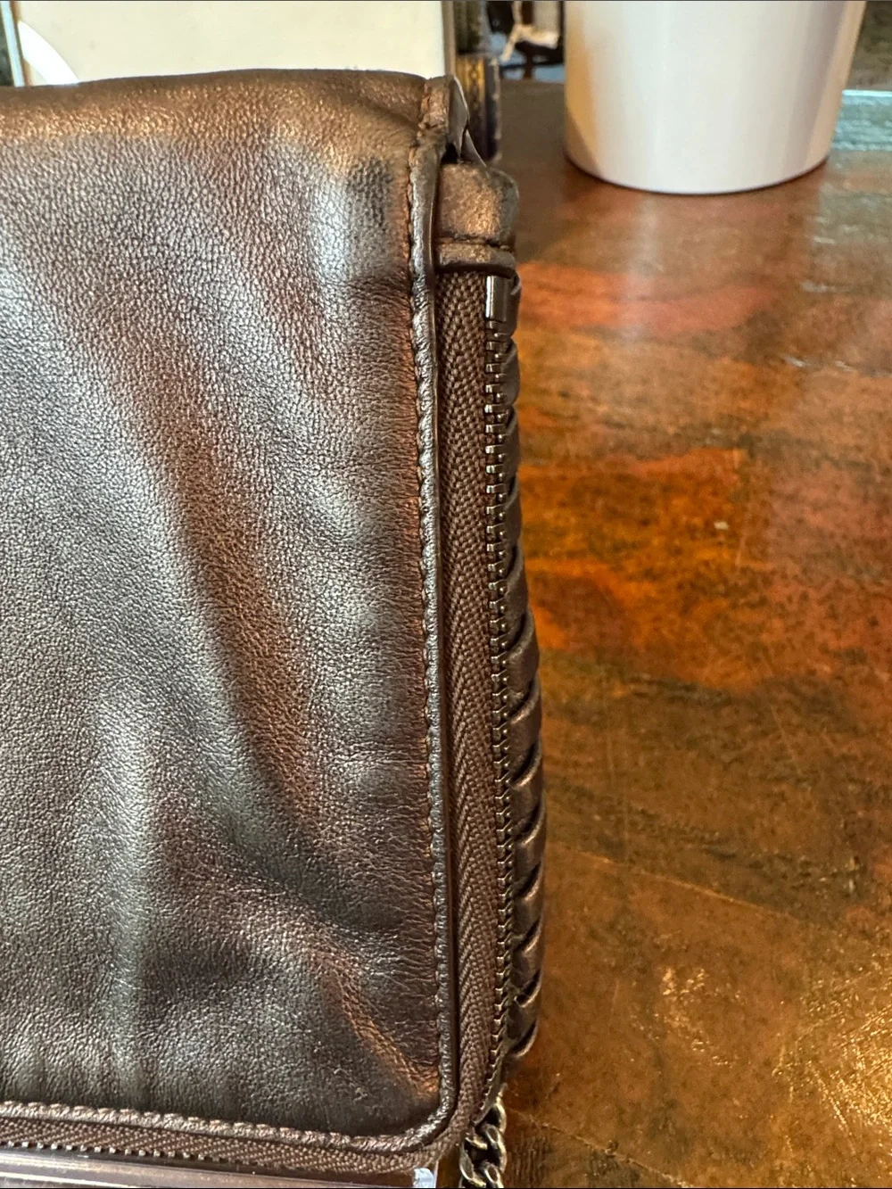 AllSaints Bronze Leather Crossbody Bag with Gunmetal Chain